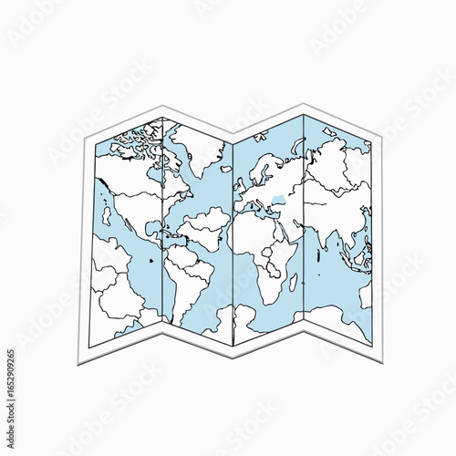 Stylized world map illustration offering a simple minimalist geographical representation with light blue oceans and white continents for editorial