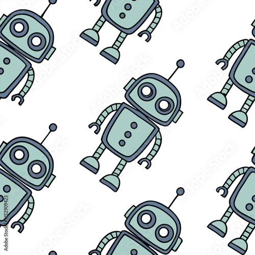 Cute cartoon robot with antenna seamless pattern on white background character machine