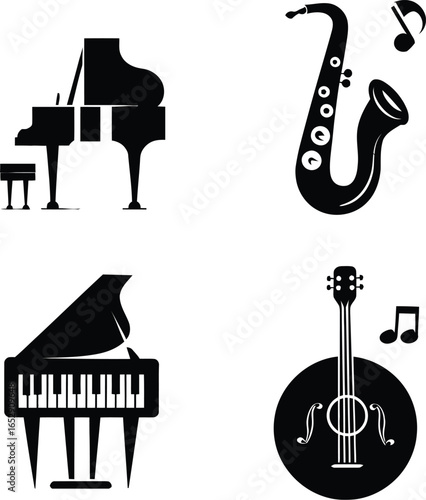 Illustration showing four musical instruments including a piano, saxophone, guitar and another piano key set