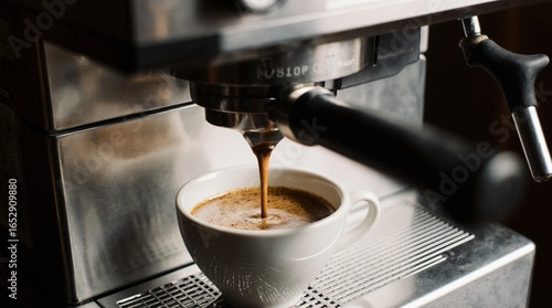 Фотография Photo of a modern espresso machine brewing coffee into a ceramic cup