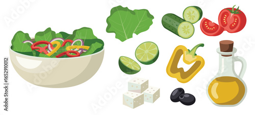 Fresh Garden Salad Ingredients With Olive Oil And Feta Cheese lettuce