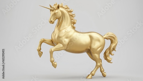 Majestic golden unicorn 3D render in studio lighting. Mythical creature stands proud with shiny horn, flowing mane tail. Elegant horse figurine isolated on white background. Fantasy art. Unique