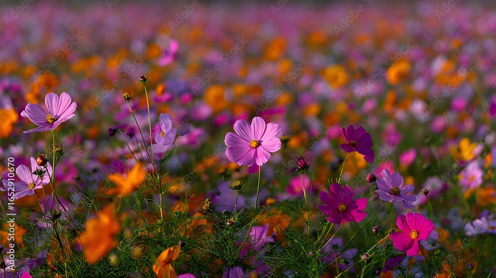 Fototapeta premium A vibrant field of cosmos flowers displays a riot of color, with various shades of pink, purple, orange, and other hues.