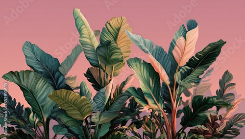 Tropical foliage against a dusky pink sunset