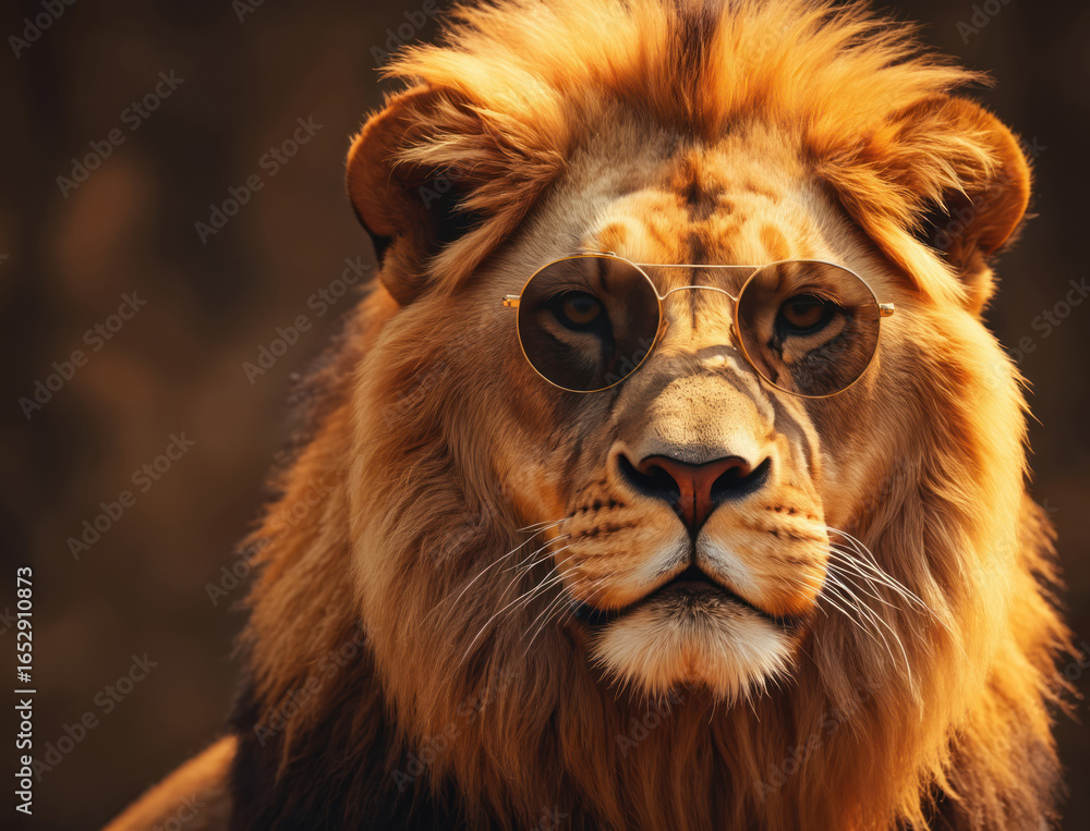 Fototapeta premium Majestic lion head with rich brown fur, yellow eyes, and relaxed expression. Slightly tilted head, calm, and serene. Dark brown background, contrasting with fur, makes lion focal point.