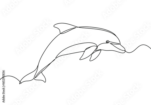 Minimalist single line drawing of a dolphin jumping out of water