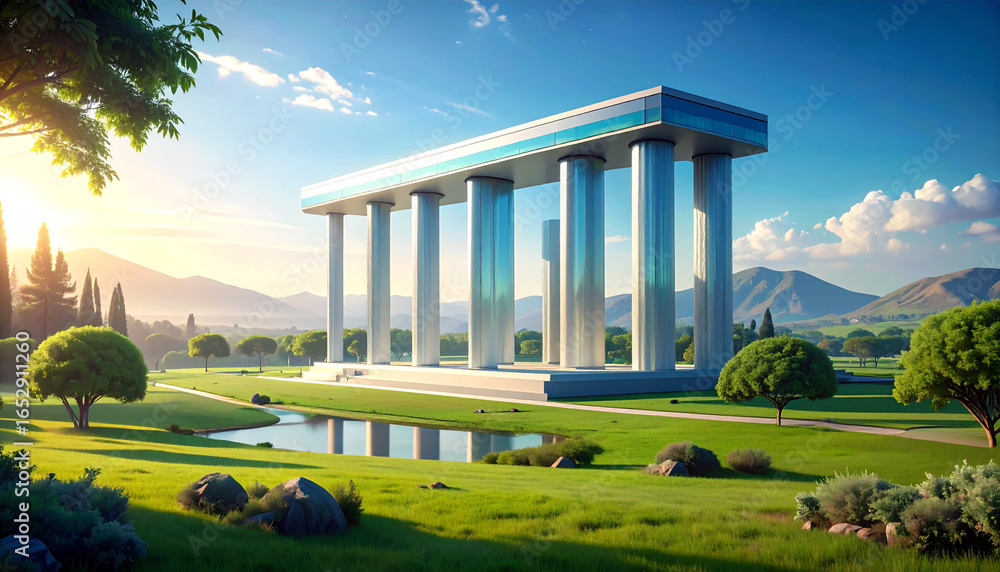 Obraz premium Futuristic modern structure with sleek reflective pillars in a serene green landscape, blending nature and innovation.