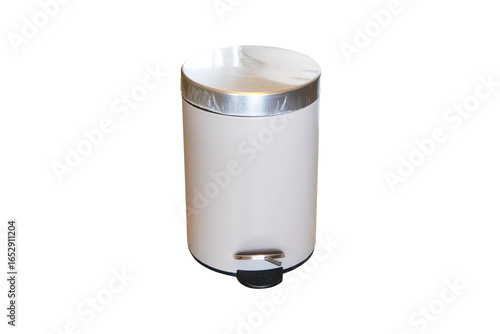 Metal aluminum trash can small with open lid isolated on cut out PNG or transparent background. Waste collection equipment for putting trash in bedroom or bathroom.	Rubbish bin garbage cylinder.