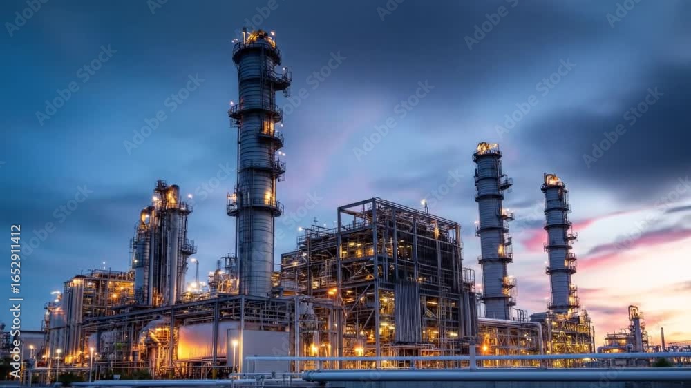A stunning industrial landscape at dusk, showcasing towering refinery structures against a vibrant sky, with hints of technology and energy production in the background A stunning industrial landscape at dusk, showcasing towering refinery structures against a vibrant sky, with hints of technology and energy production in the background