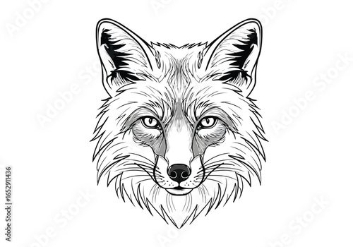 Detailed black and white illustration of a fox face
