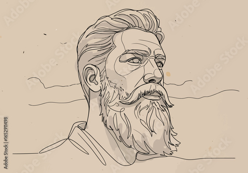 Stylized line art portrait of a bearded man with a moustache
