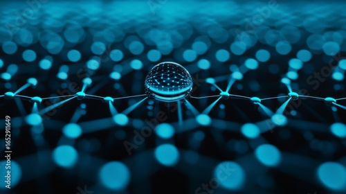 Abstract blue digital network with glowing nodes and a central sphere.