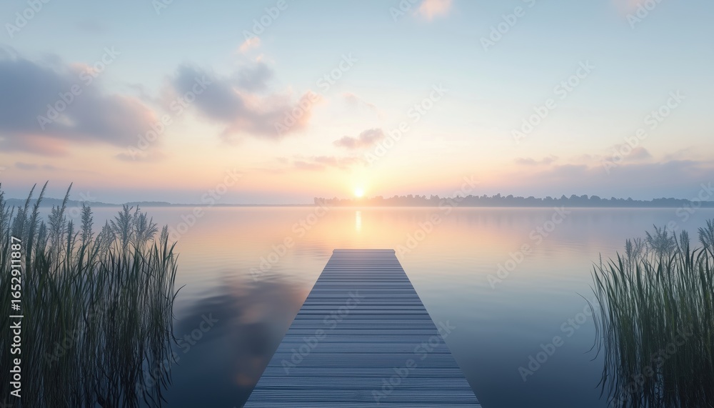 Obraz premium Quiet Lake Sunrise As A Boardwalk Extends Onto The Serene Waters, Offering A Peaceful And Tranquil View Of The Morning Scene.