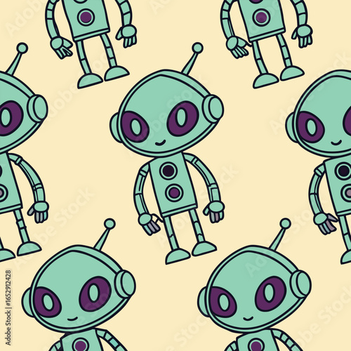 Cute teal robot with purple eyes seamless pattern cartoon