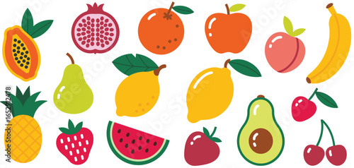 Colorful flat cartoon style fruit collection on white background fruits healthy