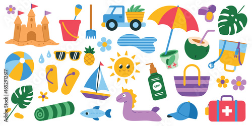 Flat cartoon style beach vacation elements on a white background summer sandcastle