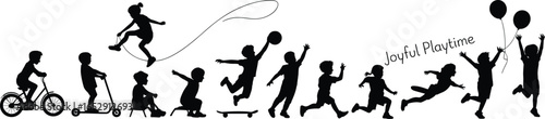 Silhouettes of playful children, kids jumping, running, cycling, skating, playing with toys, balloon, skipping rope, outdoor fun, isolated background