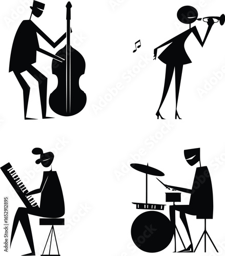 A black and white graphic illustration of four musicians playing different musical instruments in silhouette style