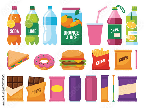 Assorted fast food and drink icons with flat cartoon style soda lime soda