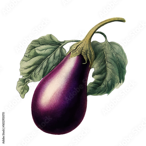 Vintage botanical illustration of a ripe purple eggplant with green leaves, isolated with transparent background
