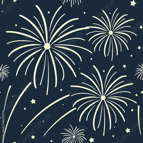 Dark blue background with white fireworks and stars seamless pattern Keywords: fireworks