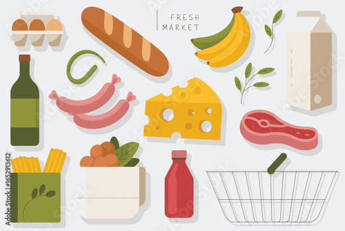 Flat lay illustration of fresh market groceries and shopping basket grocery food