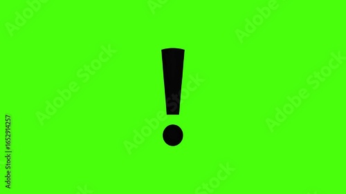 Isolated black exclamation mark Animation graphic against bright green screen background.