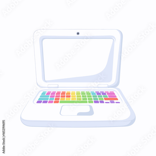 A clean, minimalist illustration of a laptop with a vibrant, rainbow-colored keyboard, promoting digital creativity and innovation