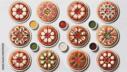 Overhead view of assorted pizzas and dipping sauces on a white background food top view