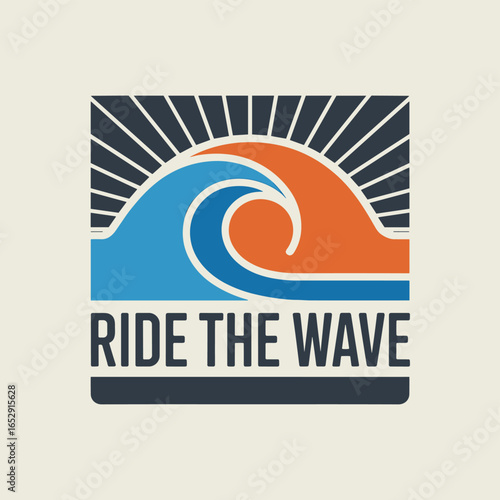 Stylized Ocean Wave and Sunburst Logo with Text Ride The Wave water surf