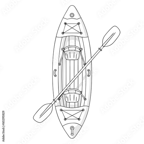 Kayak top view line art illustration exhibiting recreational boating and watersports equipment design for outdoor adventure exploration