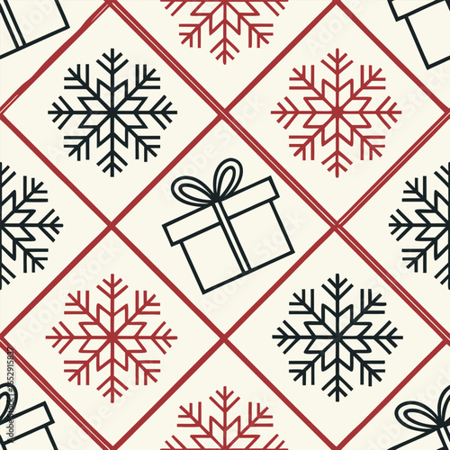 Festive Christmas pattern with snowflakes and gift boxes on a cream background holiday winter