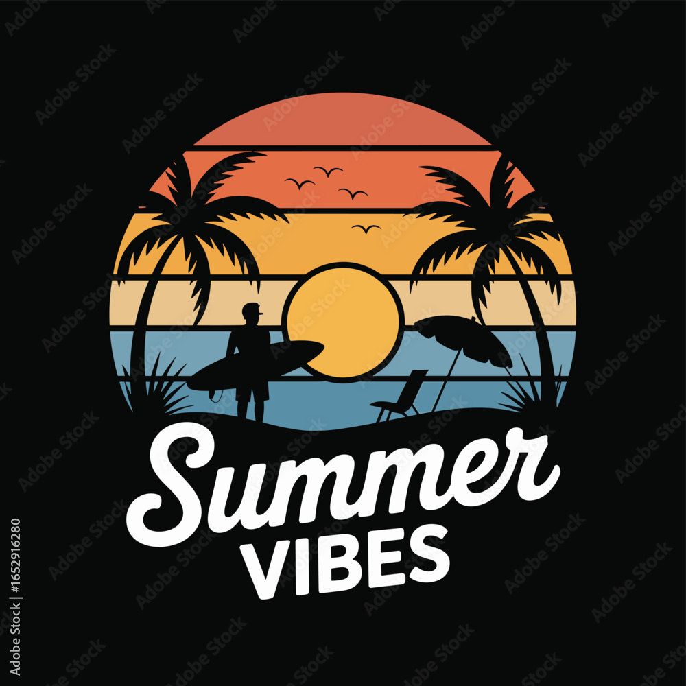 Naklejka premium Retro Sunset Beach Scene with Surfer and Palm Trees Graphic vintage summer