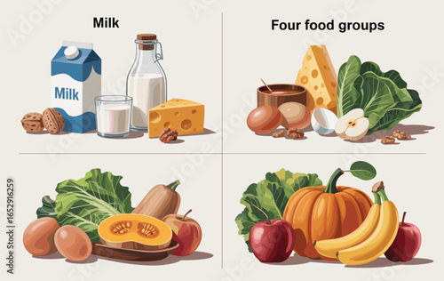 Four food groups illustrated with dairy fruits vegetables and protein milk cheese