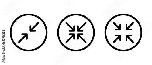 Minimize and collapse button icon set. Exit full screen symbol in circular outline