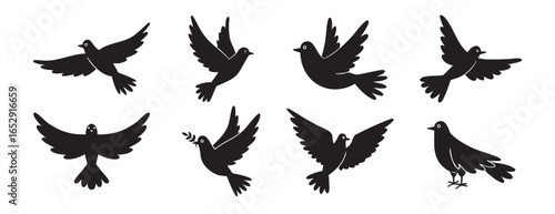 Dove of peace silhouette icon set. drawing flying pigeon clipart symbol collection