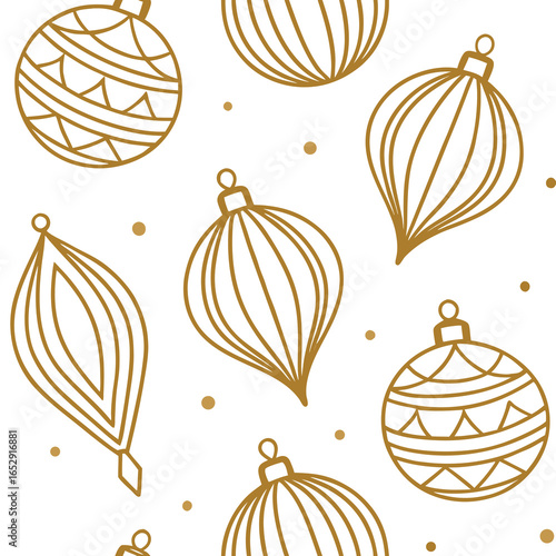 Gold line art Christmas ornaments and dots seamless pattern on white bauble baubles