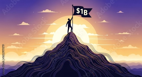 Silhouette of Person Standing on Mountain Peak Holding Flag with One Billion Dollar Sign at Sunset