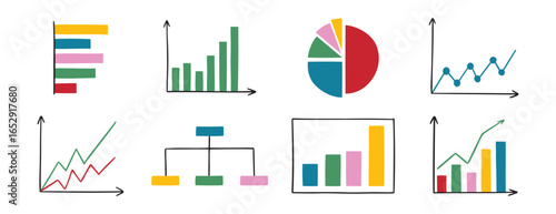 charts and graphs doodle hand drawn icon set. Different types of charts for business presentation. data and analytics diagram cartoon concept drawing