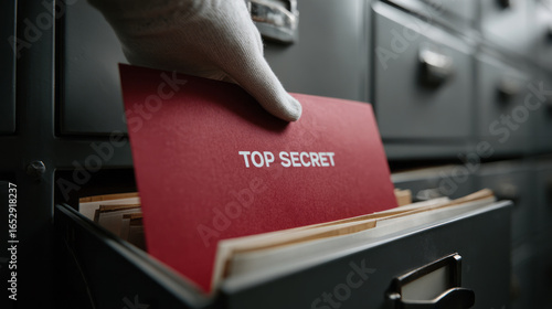 Gloved hand pulls red top secret file from metal cabinet drawer, confidential, mysterious