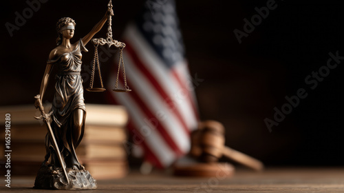 Lady Justice statue, scale, gavel, law book, American flag, justice concept, dramatic light