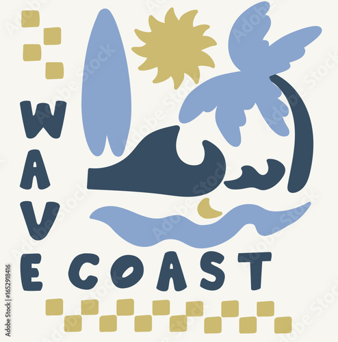 Beach modern abstract art. Ocean abstract wave. Summer vibes artwork. Sunshine paradise graphic print design. Surf club design with palm.