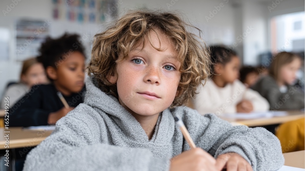 Diverse young students learning in a classroom during writing lesson engaged environment close-up viewpoint Diverse young students learning in a classroom during writing lesson engaged environment close-up viewpoint