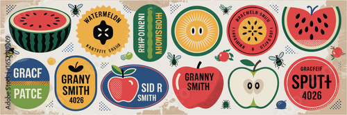 Vintage Fruit Labels with Flies and Dots on Textured Background retro watermelon