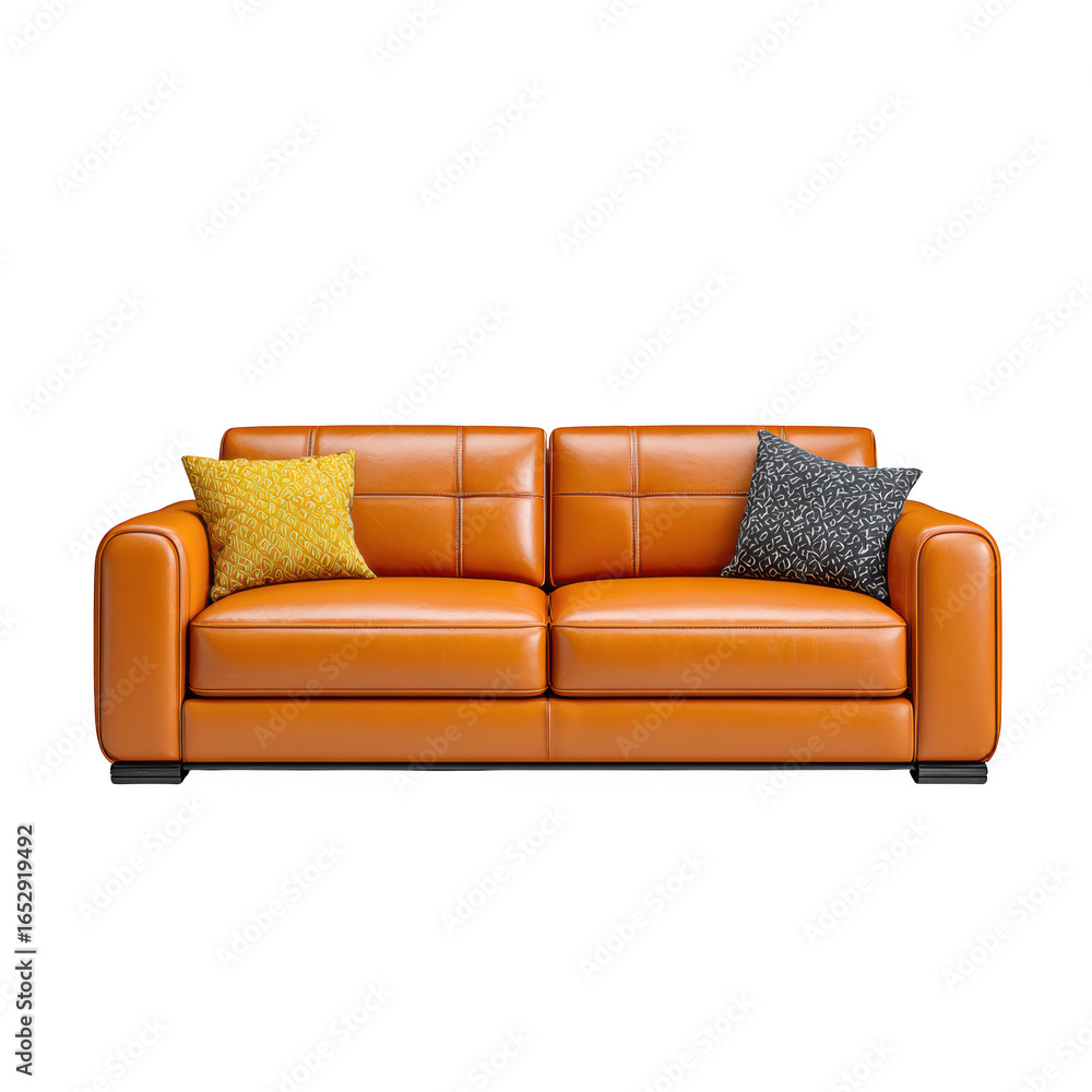 Fototapeta premium Modern Orange Leather Sofa with Decorative Cushions in Bright Living Room Setting for Contemporary Home Styling