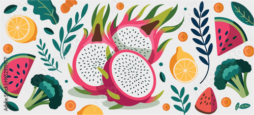 Vibrant Flat Design Assortment of Fruits and Vegetables on White Background dragon fruit watermelon