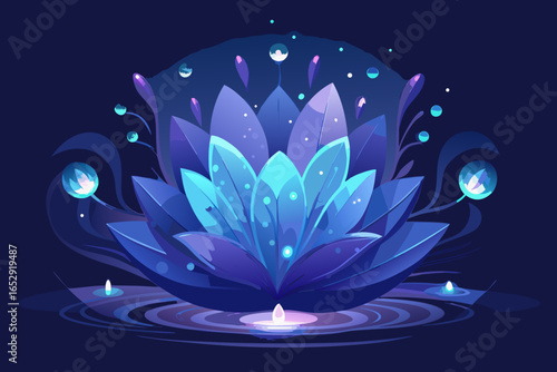 Serene blue lotus flower floating peacefully on water with glowing light, perfect for spiritual practices, wellness brands, or peaceful meditation visuals in modern designs