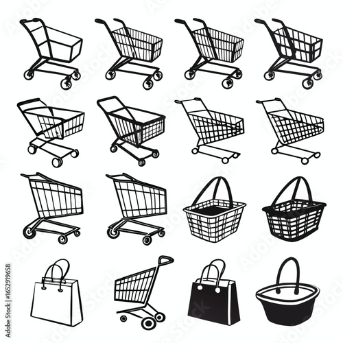 Collection of Shopping Carts Baskets and Bags for Retail and Commerce