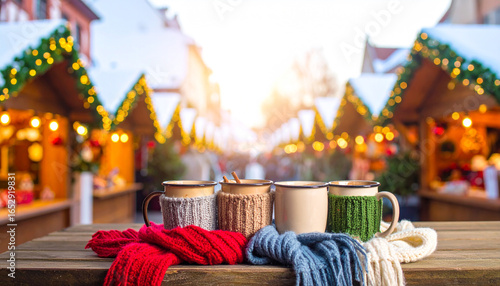 Cozy Christmas market scene with warm mugs and scarves on a wooden table evokes holiday spirit in a charming, blurred, festive atmosphere.