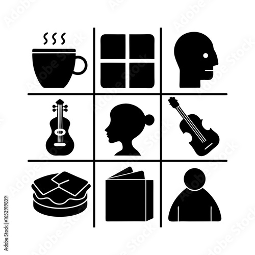 Nine squares grid showcasing a cup, window, head profile, ukulele, woman profile, violin, pancakes, book, person